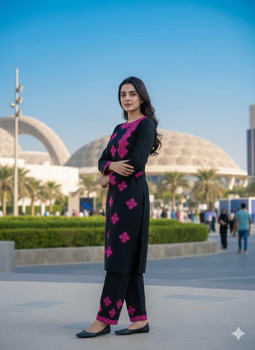 Black and Pink Balochi hand Embroidery Kurta Trouser