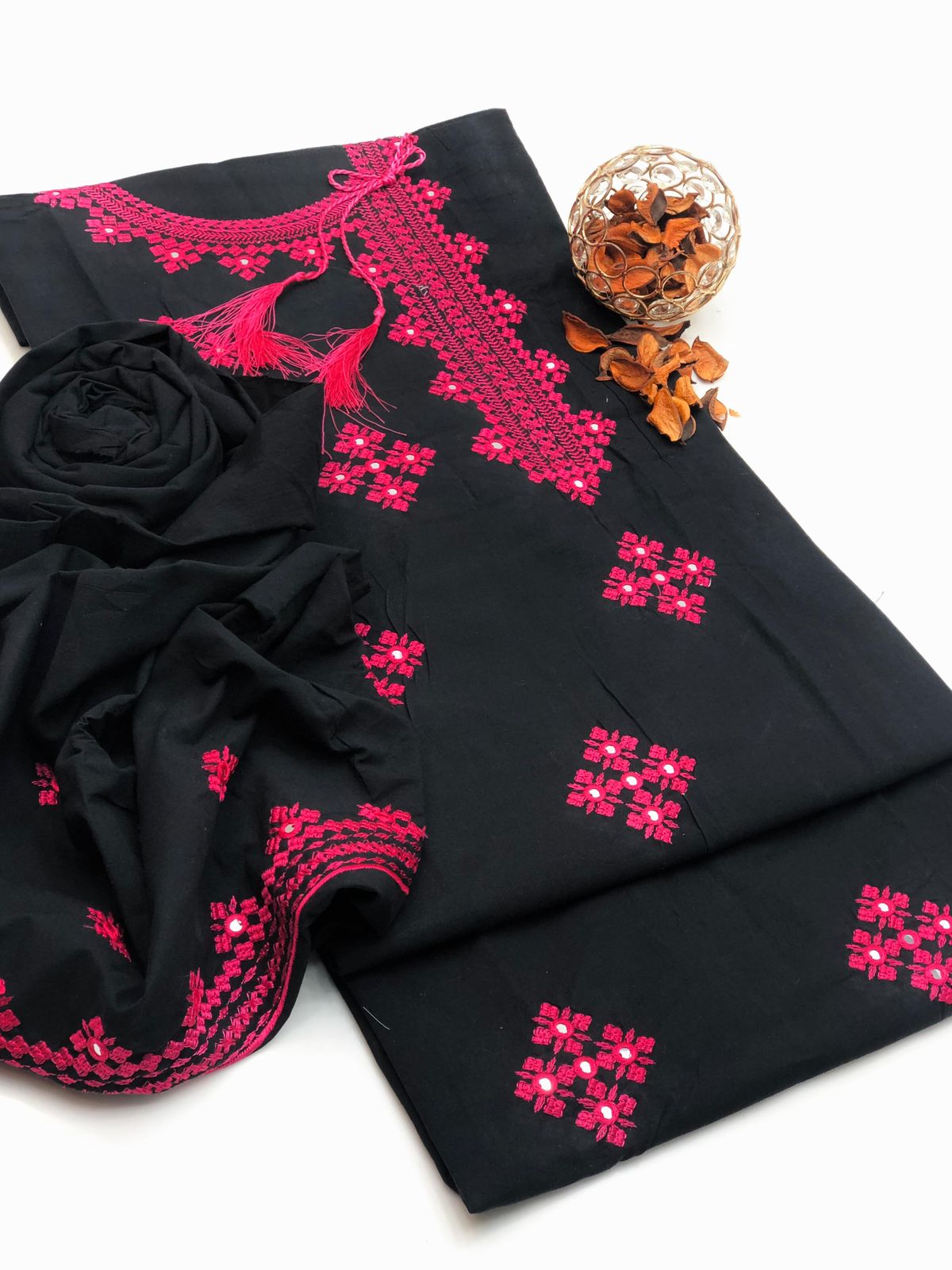 Black and Pink Balochi hand Embroidery Kurta Trouser