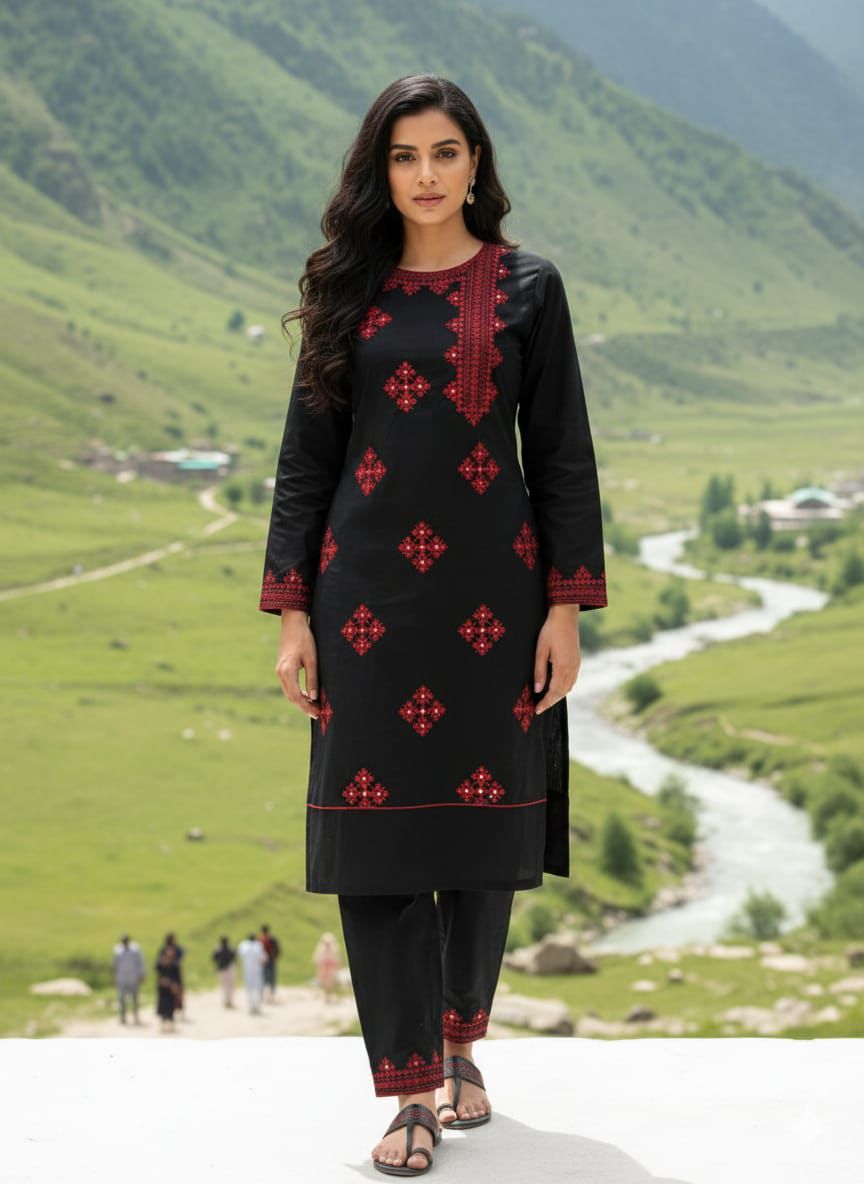 Black and Pink Balochi hand Embroidery Kurta Trouser